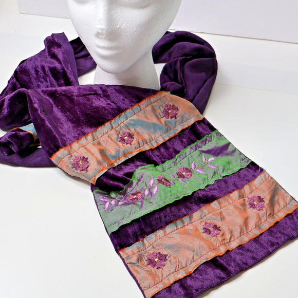 Purple Velvet Iridescent Embroidered Flowers Fairy Scarf Boho Y2K Silk Blend SEE - Picture 1 of 9